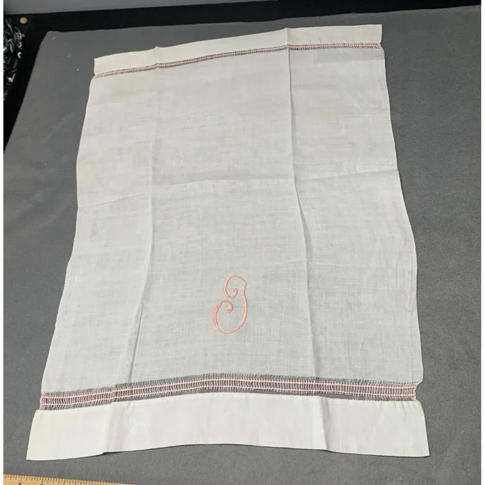 Vintage White Linen Hand Towel with Pink Embroidered Initial Monogram